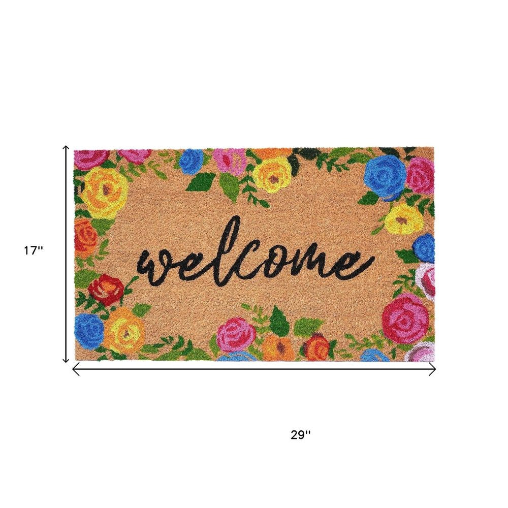 17" X 29" Natural Blue Pink And Yellow Floral Welcome Outdoor Coir Door Mat