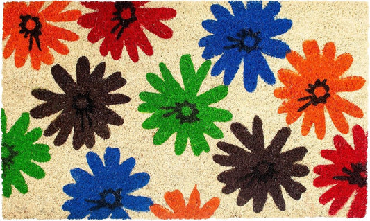 17" X 29" Natural Blue Green And Orange  Floral Outdoor Coir Door Mat