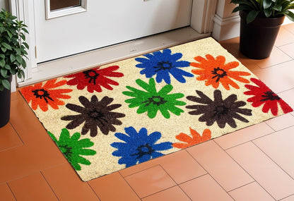 17" X 29" Natural Blue Green And Orange  Floral Outdoor Coir Door Mat