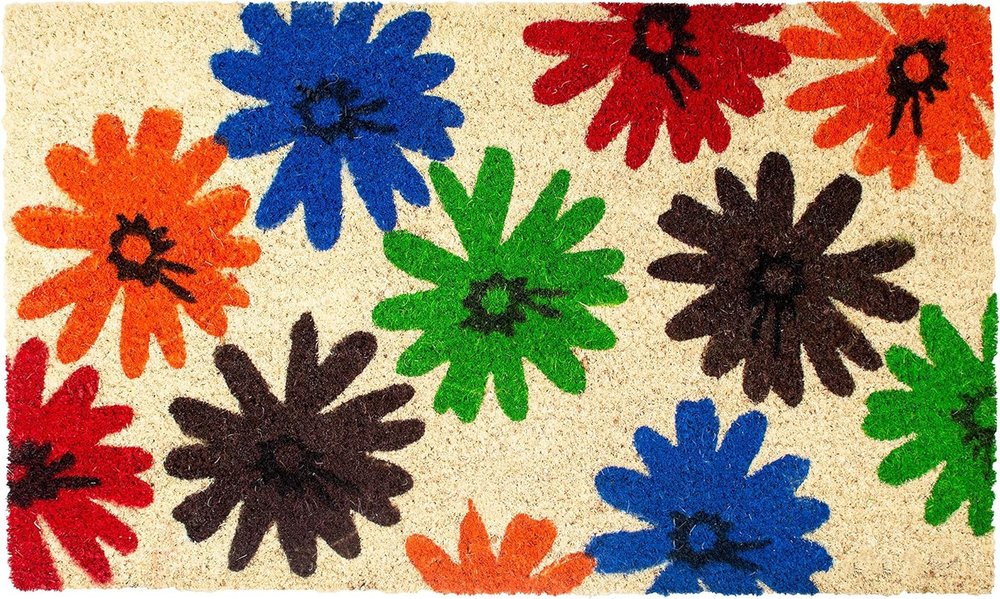 17" X 29" Natural Blue Green And Orange  Floral Outdoor Coir Door Mat