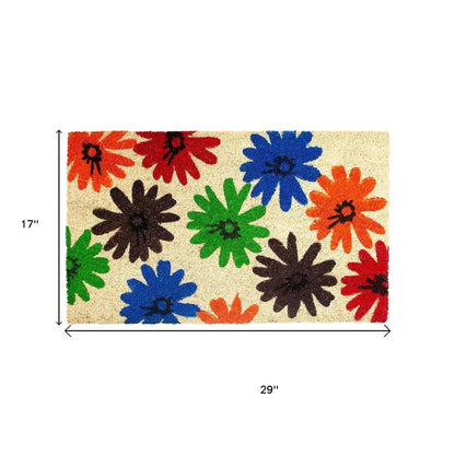 17" X 29" Natural Blue Green And Orange  Floral Outdoor Coir Door Mat