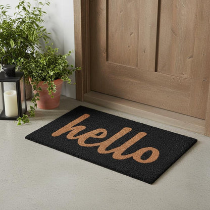 17" X 29" Black And Natural Hello Outdoor Coir Door Mat
