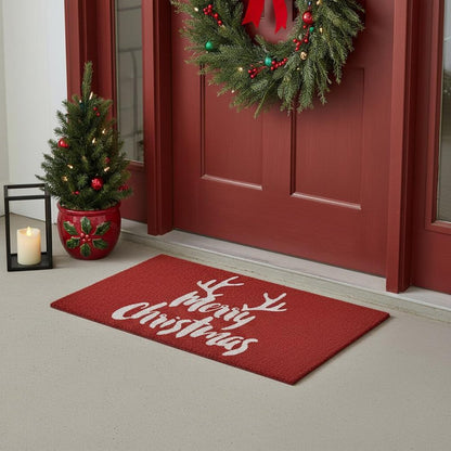 17" X 29" Red And White Coir Reindeer Outdoor Christmas Door Mat
