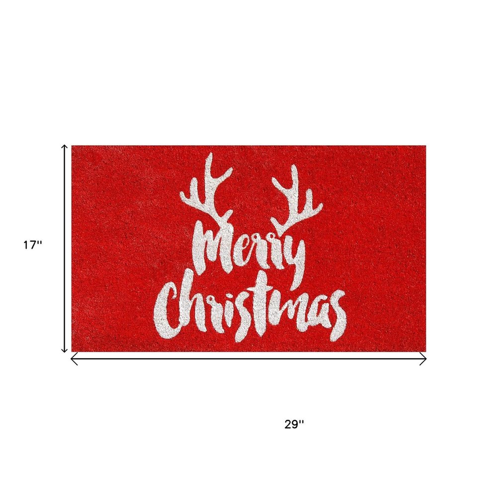 17" X 29" Red And White Coir Reindeer Outdoor Christmas Door Mat