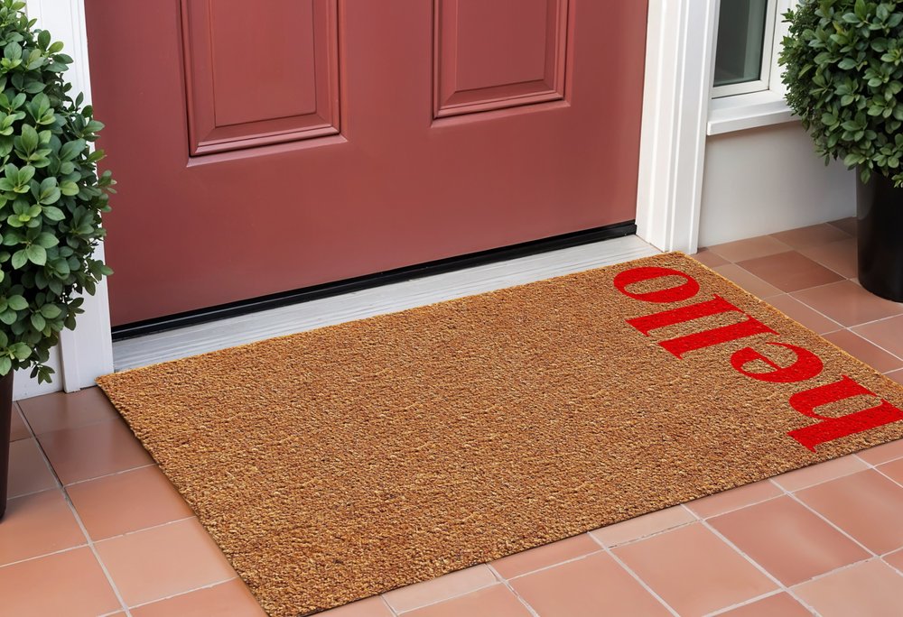 17" X 29" Natural And Red Hello Outdoor Coir Door Mat
