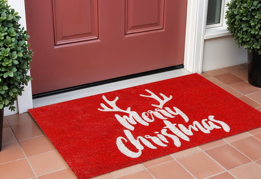 24" X 36" Red And White Coir Reindeer Outdoor Christmas Door Mat