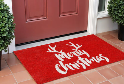 24" X 36" Red And White Coir Reindeer Outdoor Christmas Door Mat