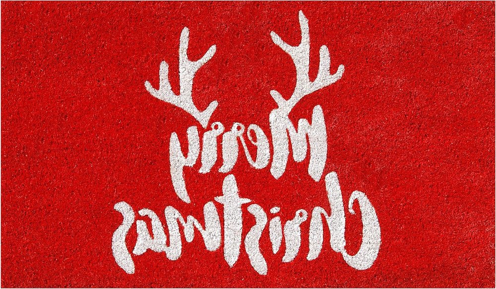 24" X 36" Red And White Coir Reindeer Outdoor Christmas Door Mat
