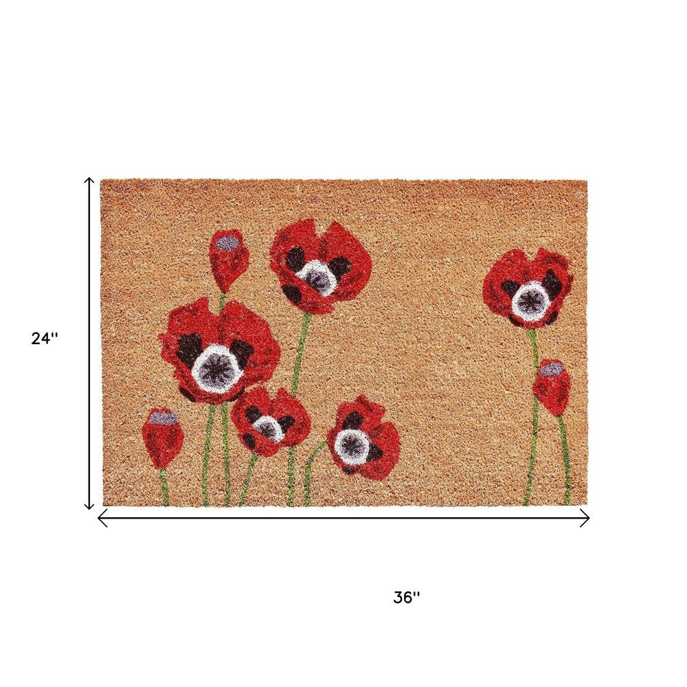 24" X 36" Natural And Red Coir Floral Outdoor Door Mat