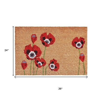 24" X 36" Natural And Red Coir Floral Outdoor Door Mat