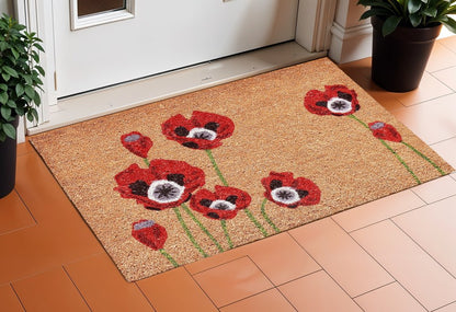 24" X 36" Natural And Red Coir Floral Outdoor Door Mat