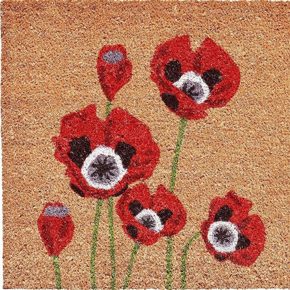 24" X 36" Natural And Red Coir Floral Outdoor Door Mat