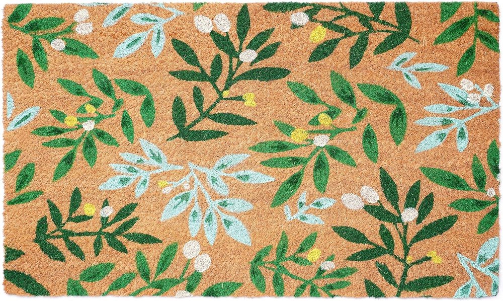 24" X 36" Natural And Green Botanical Leaves Outdoor Coir Door Mat