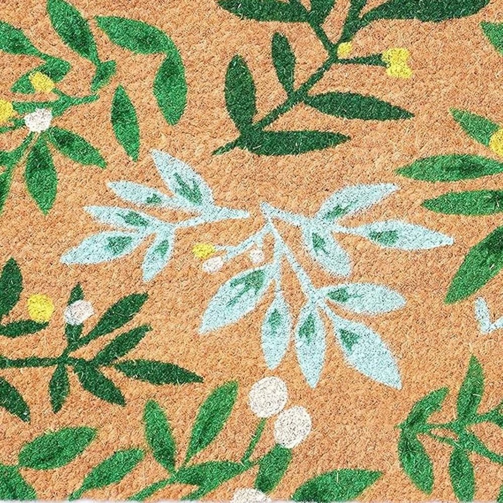 24" X 36" Natural And Green Botanical Leaves Outdoor Coir Door Mat