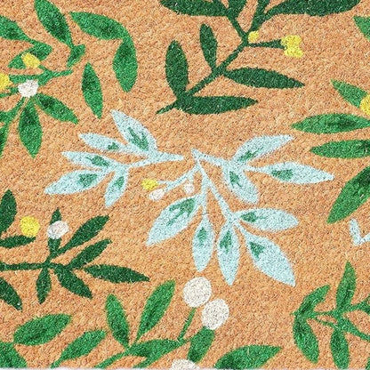 24" X 36" Natural And Green Botanical Leaves Outdoor Coir Door Mat