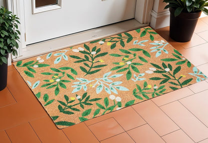 24" X 36" Natural And Green Botanical Leaves Outdoor Coir Door Mat