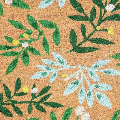 24" X 36" Natural And Green Botanical Leaves Outdoor Coir Door Mat