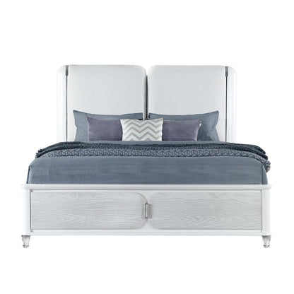 Gray and White Wood And Upholstery Lighted Queen Bed Frame