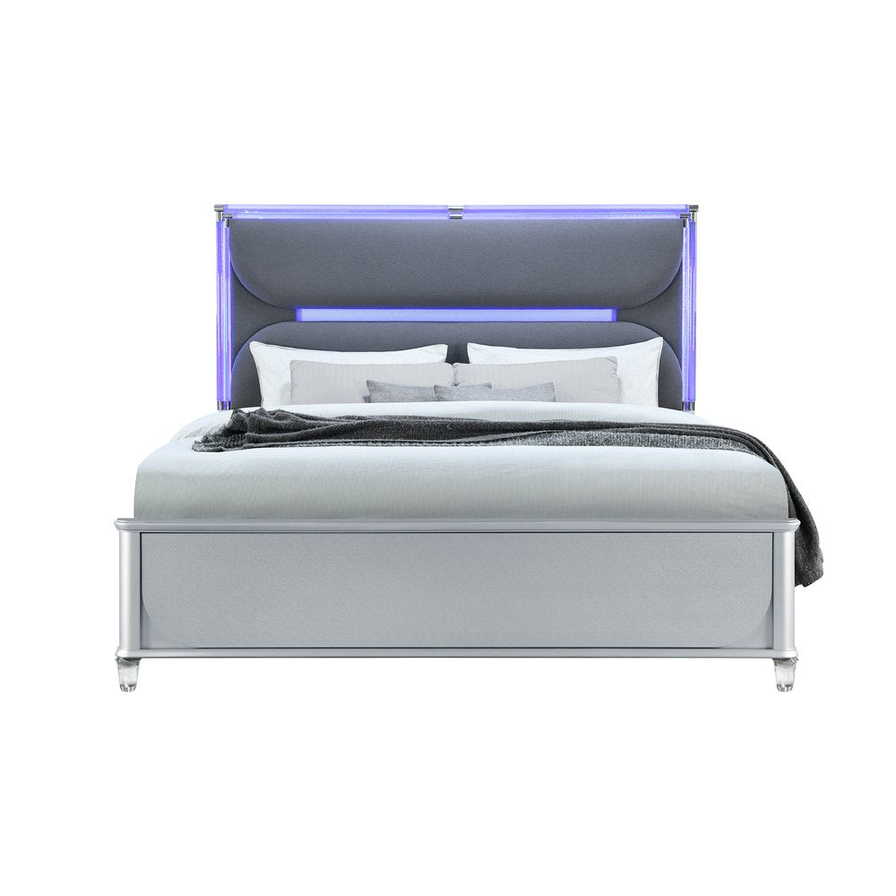 Silver and Gray Wood And Upholstery Lighted King Bed Frame