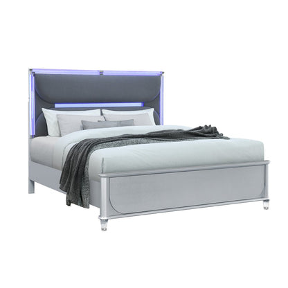 Silver and Gray Wood And Upholstery Lighted King Bed Frame