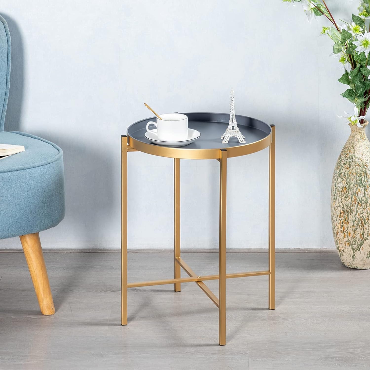 Hollyhome Small round Metal Tray End Table, (D) 14.96" X(H) 18.5", Accent Indoor&Outdoor Sofa Side Tea Table/Nightstand, Weather Resistant Coffee Table for Living Room, Balcony, Patio, Gold&Grey