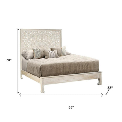 White Carved Floral Distressed Solid Wood Queen Bed Frame
