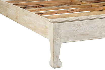White Carved Floral Distressed Solid Wood Queen Bed Frame