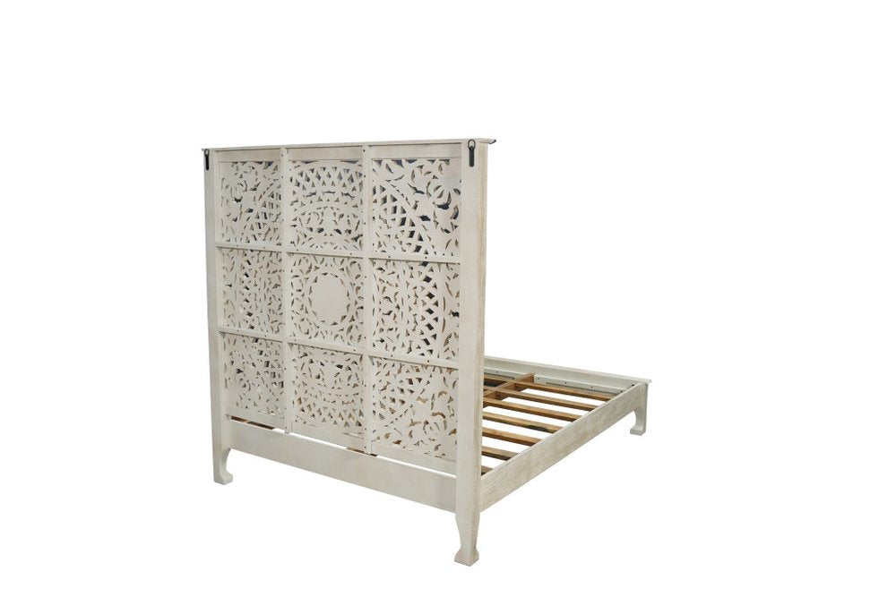 White Carved Floral Distressed Solid Wood Queen Bed Frame