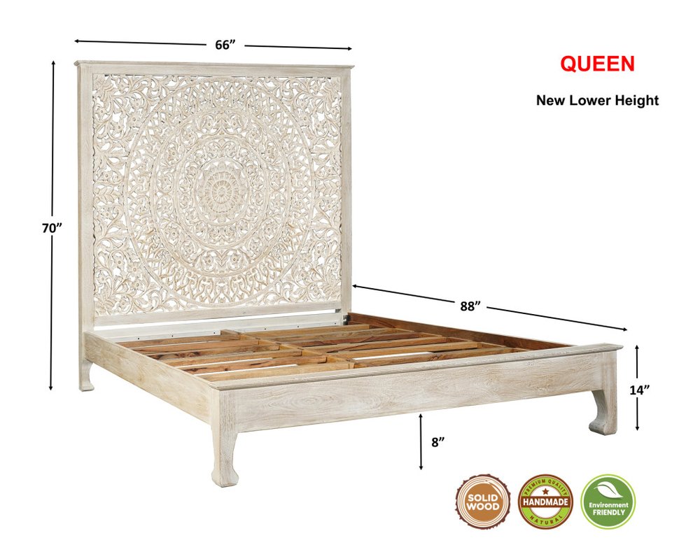 White Carved Floral Distressed Solid Wood Queen Bed Frame