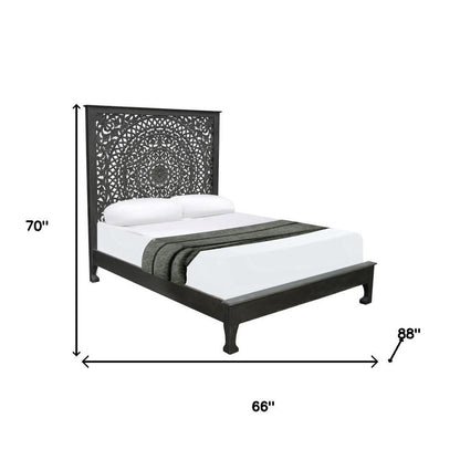 Black Carved Floral Distressed Solid Wood Queen Bed Frame