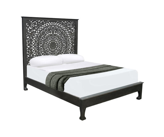 Black Carved Floral Distressed Solid Wood Queen Bed Frame