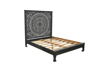 Black Carved Floral Distressed Solid Wood Queen Bed Frame