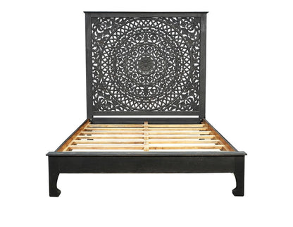 Black Carved Floral Distressed Solid Wood Queen Bed Frame