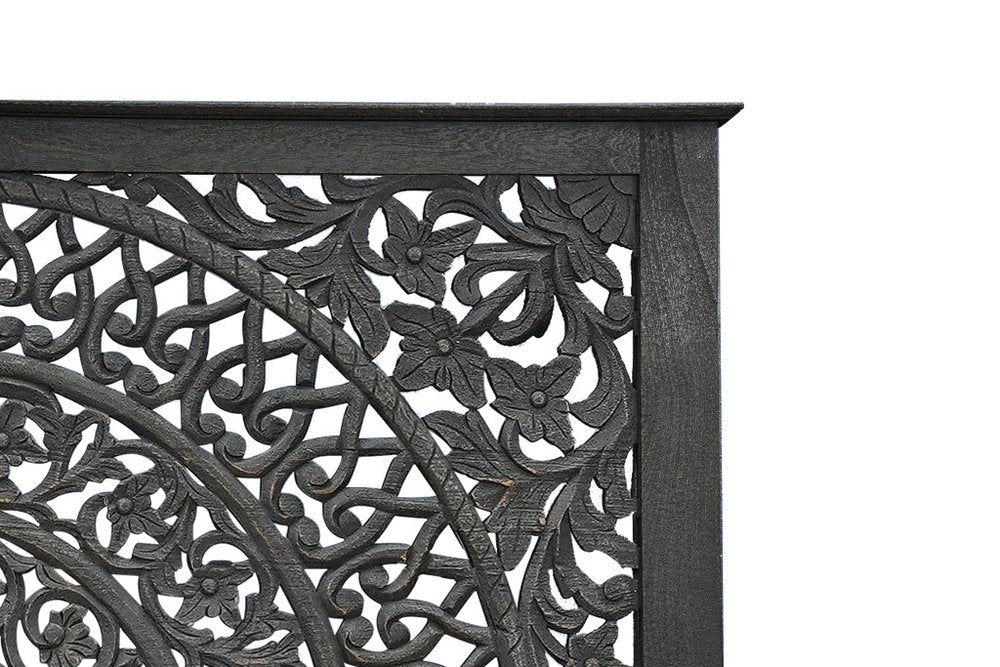 Black Carved Floral Distressed Solid Wood Queen Bed Frame