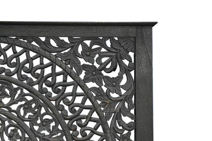 Black Carved Floral Distressed Solid Wood Queen Bed Frame