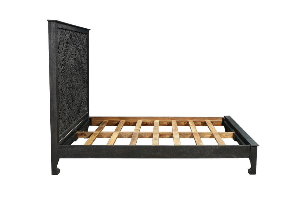 Black Carved Floral Distressed Solid Wood Queen Bed Frame
