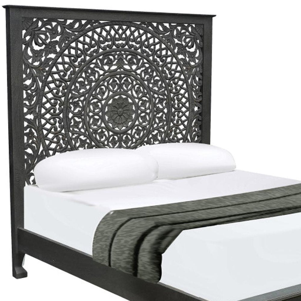 Black Carved Floral Distressed Solid Wood Queen Bed Frame