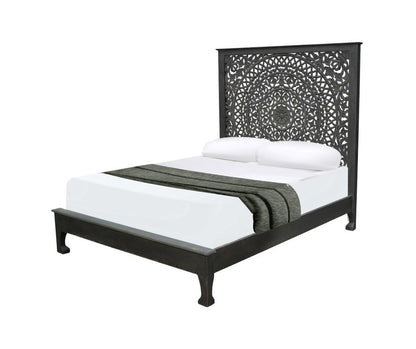 Black Carved Floral Distressed Solid Wood Queen Bed Frame