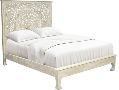 Gray Carved Floral Distressed Solid Wood Queen Bed Frame