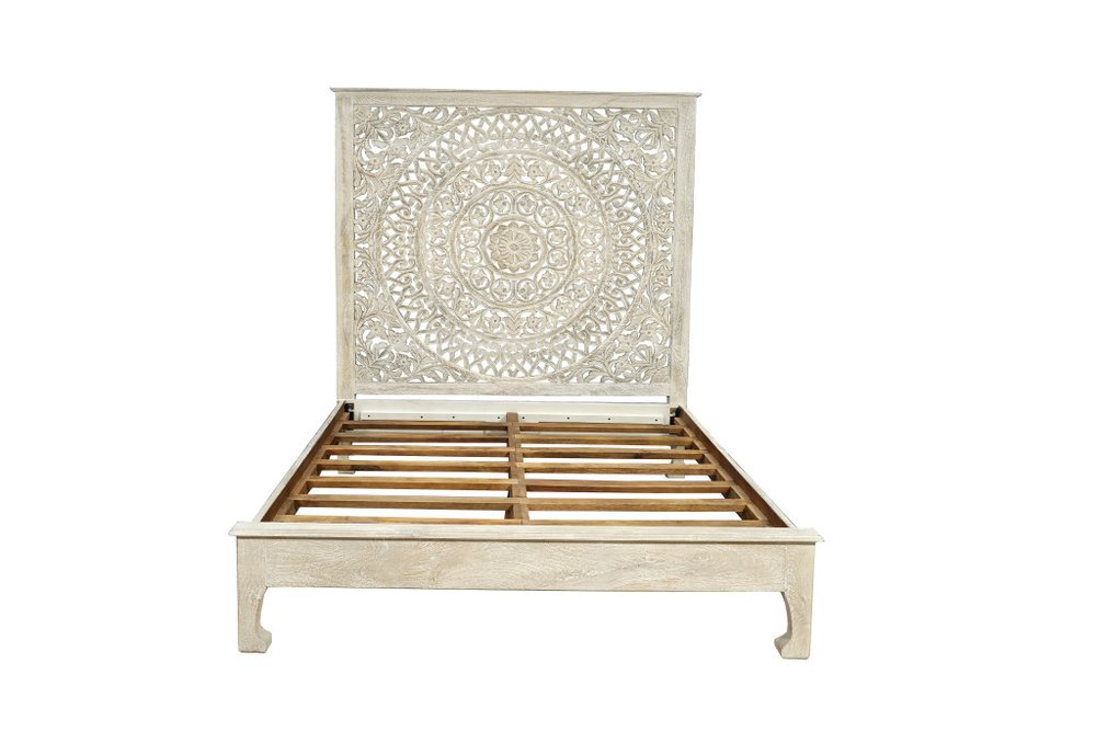 Gray Carved Floral Distressed Solid Wood Queen Bed Frame