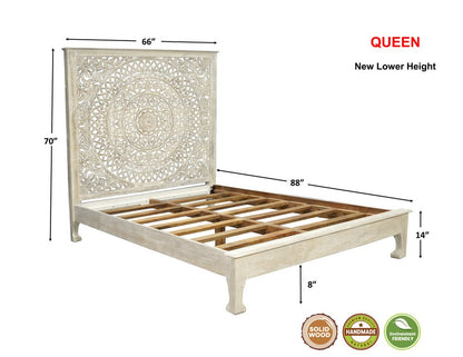 Gray Carved Floral Distressed Solid Wood Queen Bed Frame