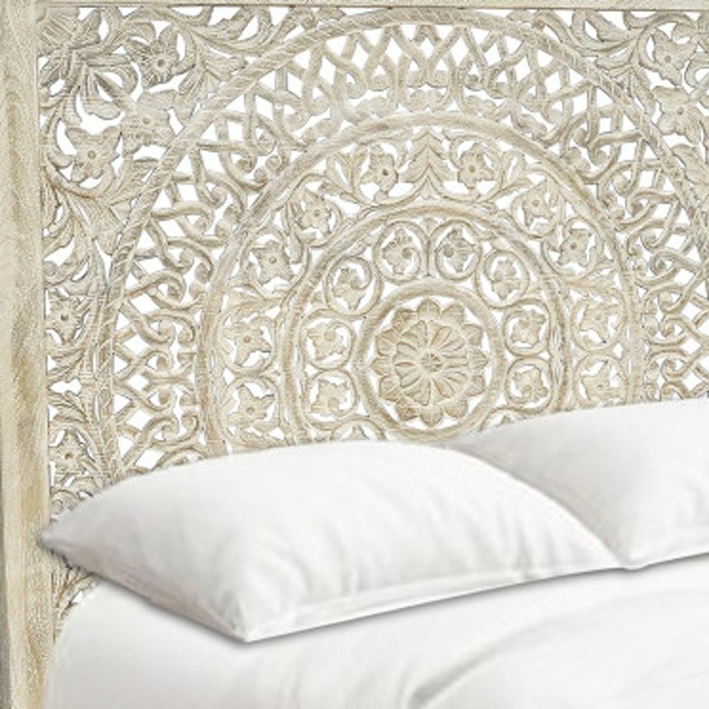 Gray Carved Floral Distressed Solid Wood Queen Bed Frame
