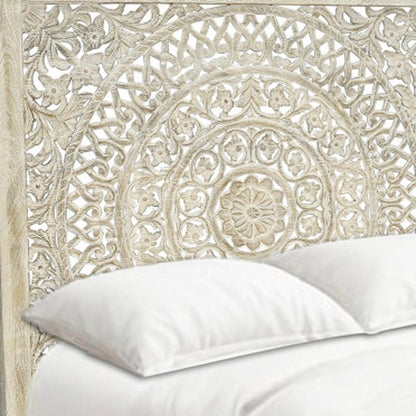 Gray Carved Floral Distressed Solid Wood Queen Bed Frame