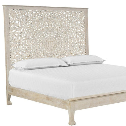 White Carved Floral Distressed Solid Wood King Bed Frame