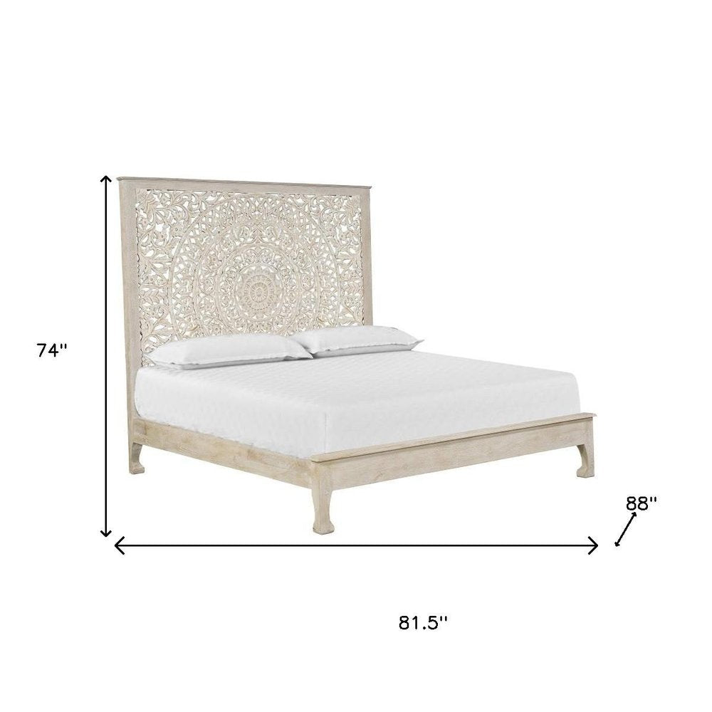 White Carved Floral Distressed Solid Wood King Bed Frame