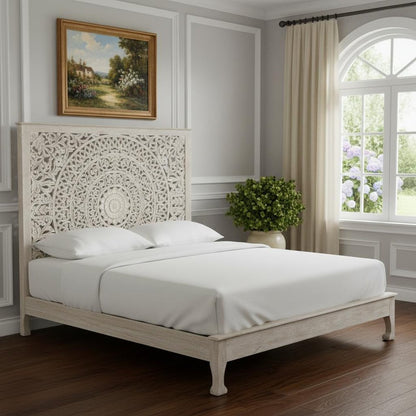 White Carved Floral Distressed Solid Wood King Bed Frame