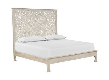 White Carved Floral Distressed Solid Wood King Bed Frame