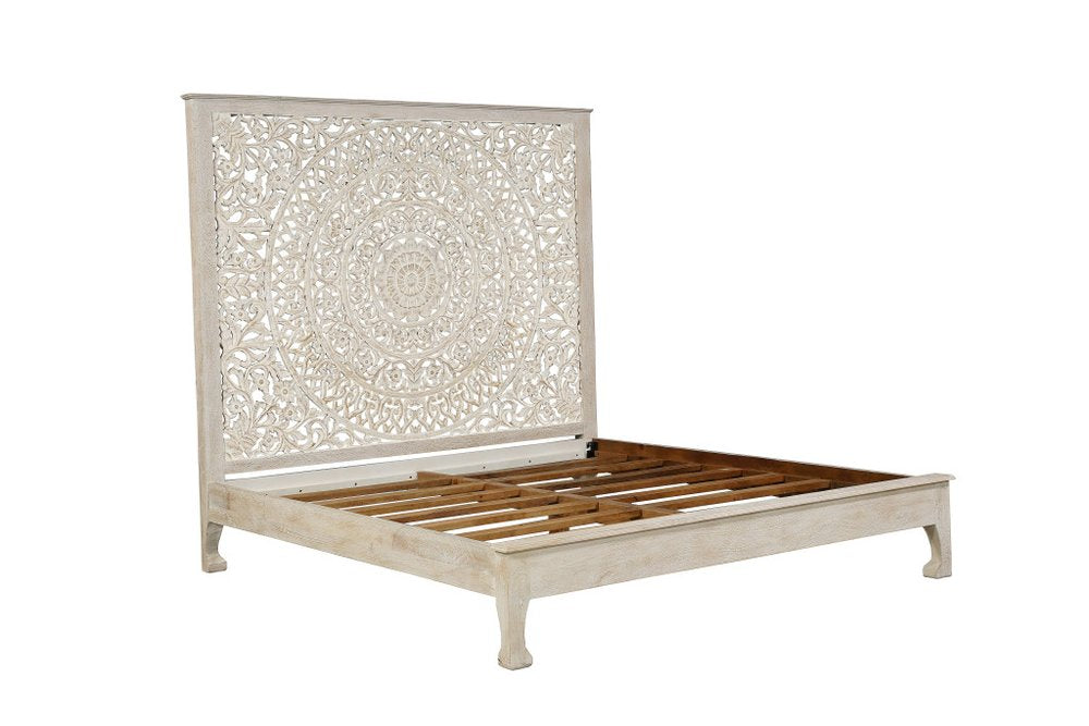 White Carved Floral Distressed Solid Wood King Bed Frame