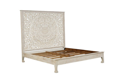 White Carved Floral Distressed Solid Wood King Bed Frame
