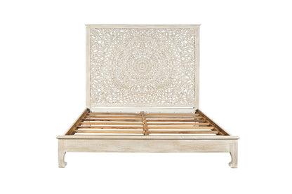White Carved Floral Distressed Solid Wood King Bed Frame